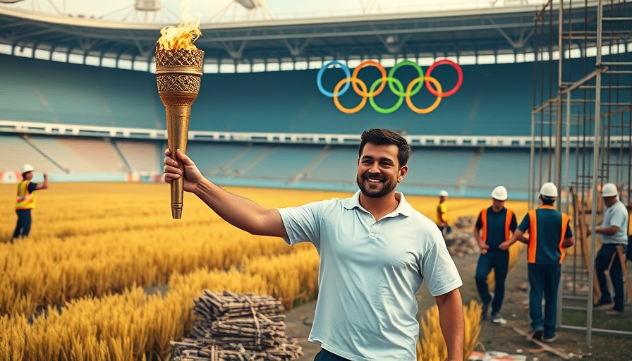 Scaffold Olympics event in stadium with torch-bearing man.