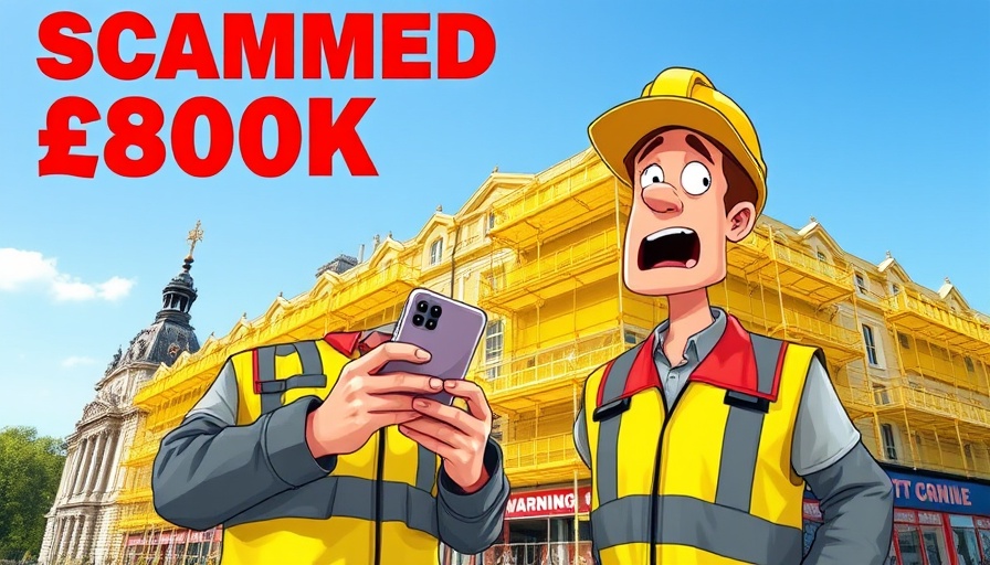 Shocked worker reacts to scaffolding scam warning, cartoon style.