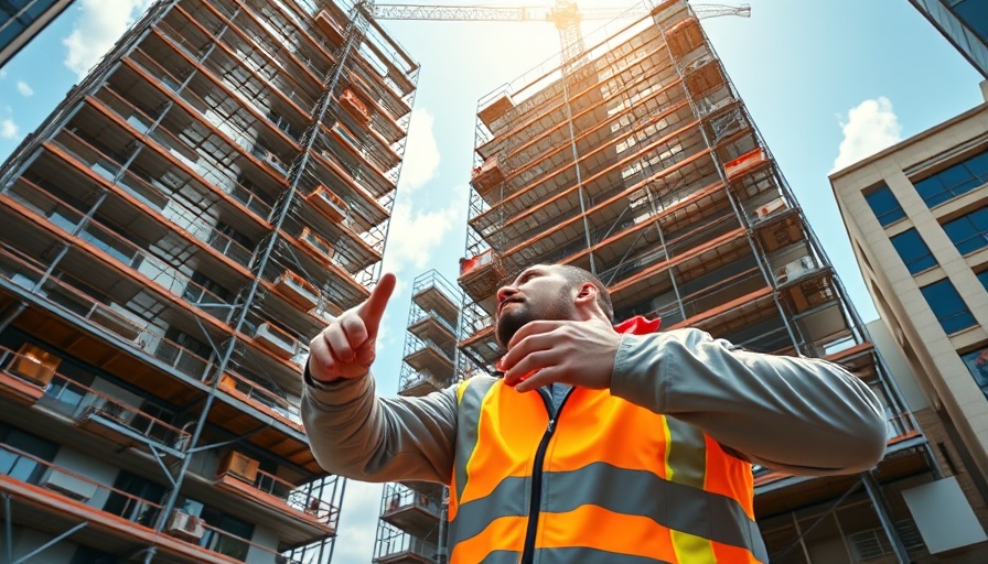 Frustrated worker discusses tall building scaffolding