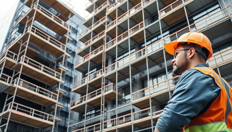 Construction worker in high-visibility vest concerned about scaffolding setup, highlighting Commercial Scaffolding Management.