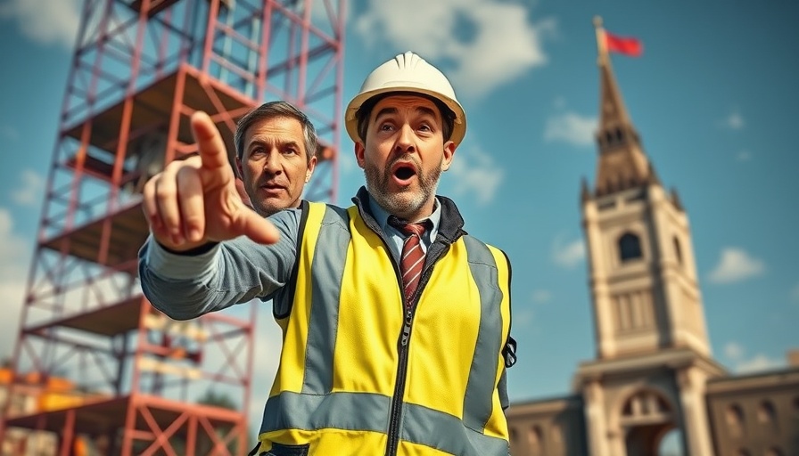 Shocked worker pointing at scaffolding error on landmark bridge, Domestic & Commercial Scaffolding.