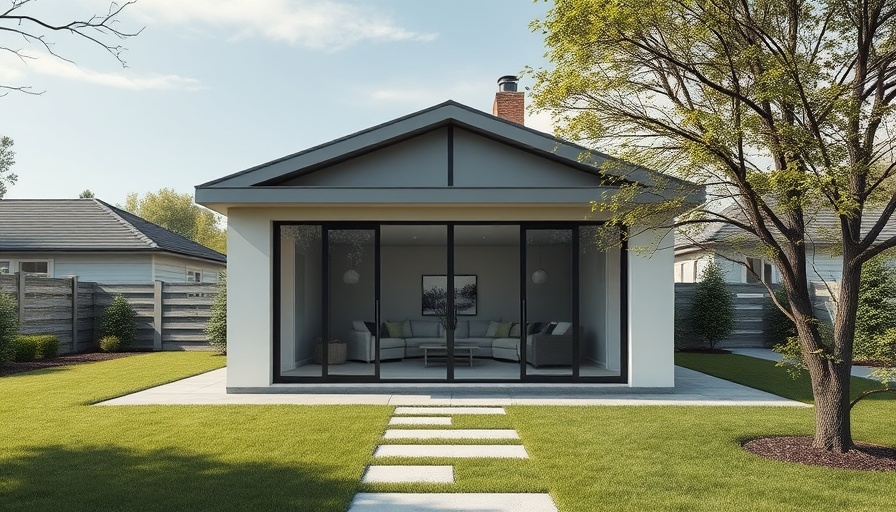 Modern multipurpose garden room with large glass doors in a suburban setting.