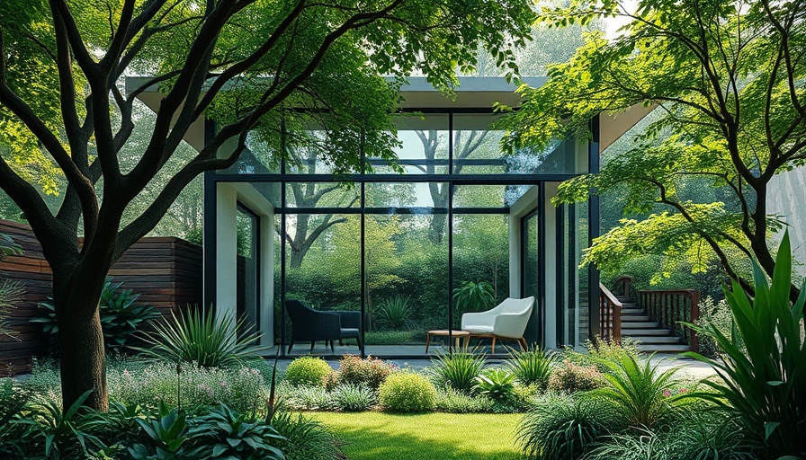 Modern garden office installation with large windows, surrounded by greenery.