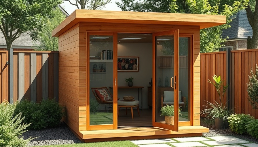 Modern garden office installation in backyard, natural light.