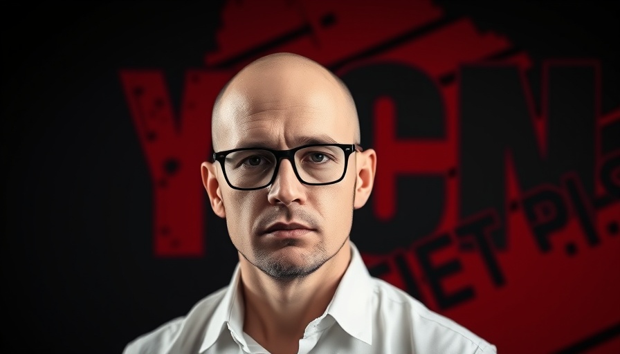 Bald man with glasses promoting affiliate marketing brand, high contrast digital art.