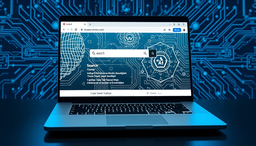 Futuristic laptop displaying AI search graphics, enhancing visibility in AI search.