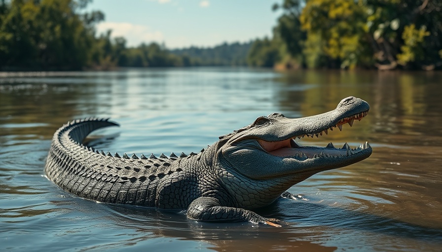 Crocodile basking in a river on a sunny day.