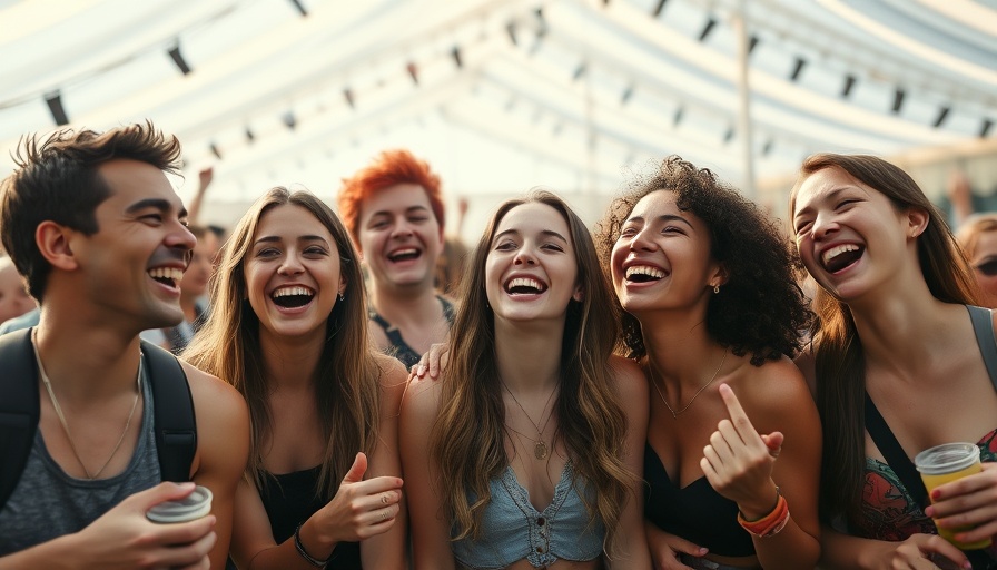 Festival crowd under canopy, young adults laughing, Independence Day