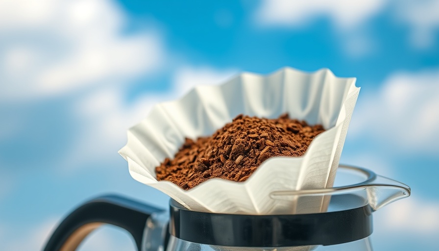 Coffee substitute grounds in a filter with cloudy sky backdrop.