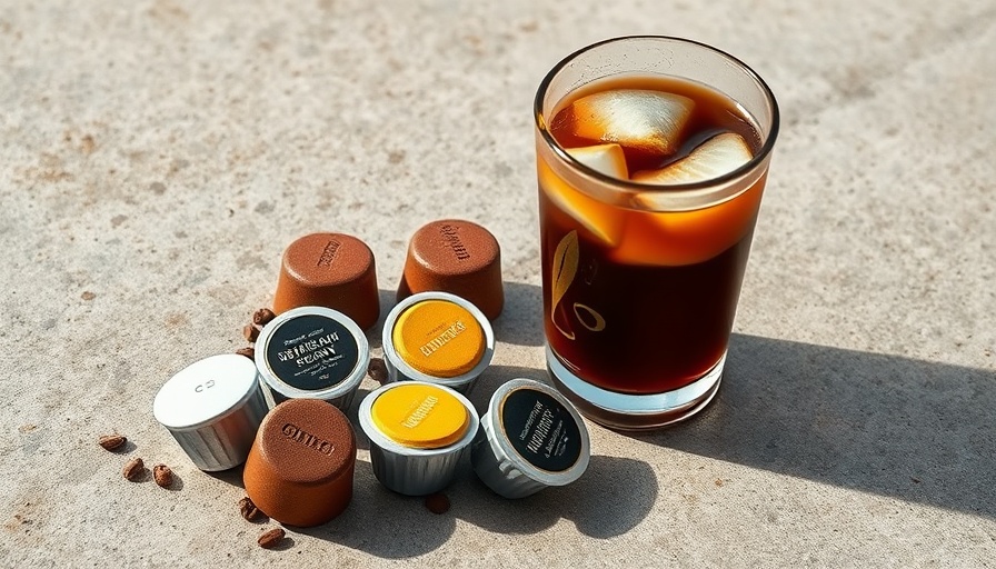 Assorted premium instant coffee pods and iced coffee on concrete