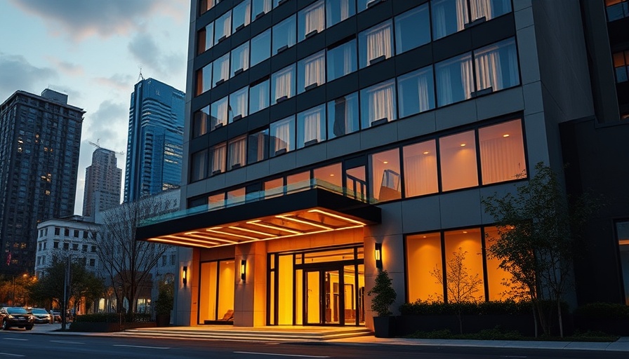 Luxury hotel exterior at night with warm lighting, Louisville skyline.