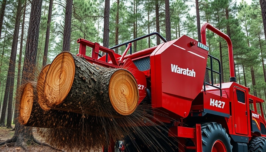 Waratah H427 harvester head cutting a tree in a forest.