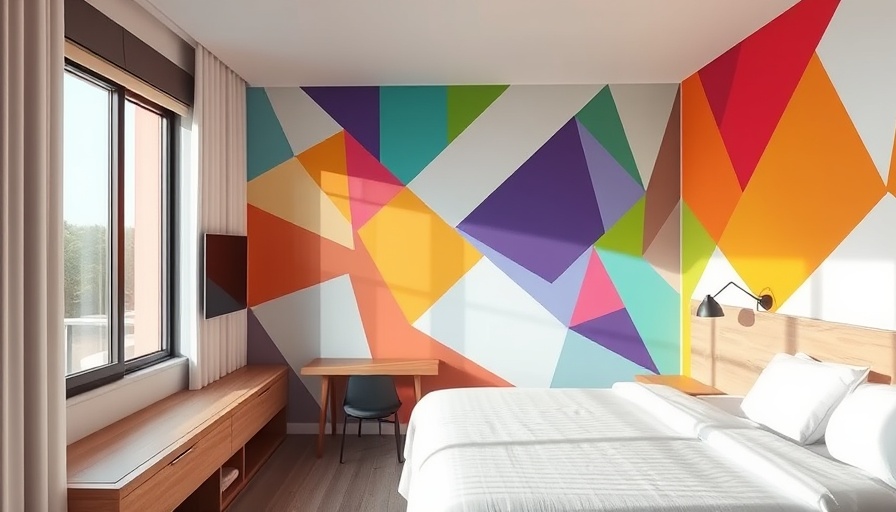 Modern hotel room with vibrant mural, Hotel101 Global Nasdaq listing.