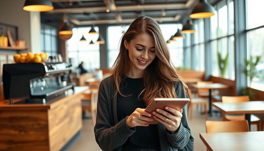 Woman using tablet in high-end restaurant for online reservations.