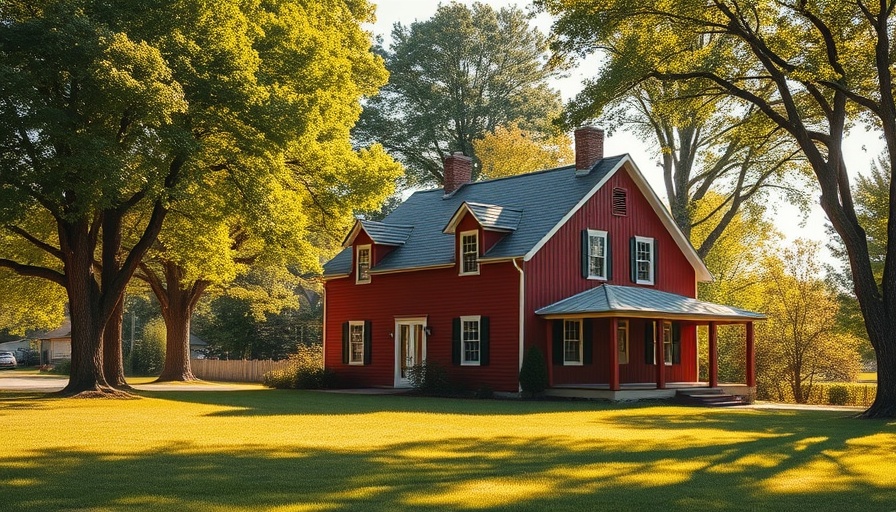Red colonial house with extension in a lush garden setting.