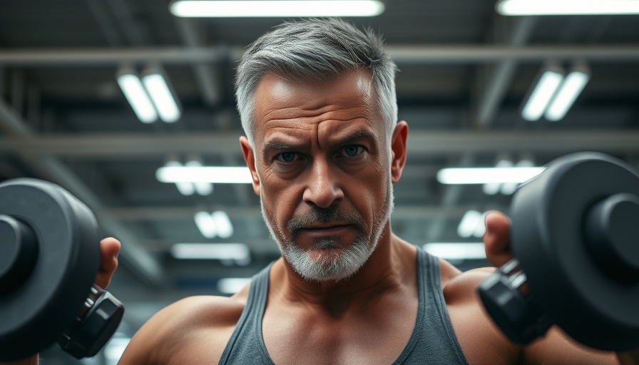 Middle-aged man lifting weights intensely in a gym.