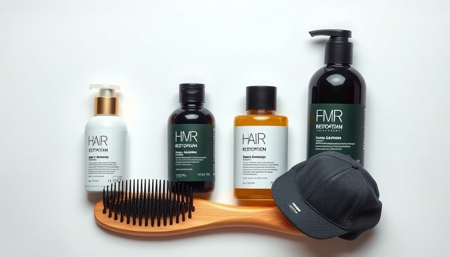 Hair restoration solutions product kit with serum, shampoo, and brush.