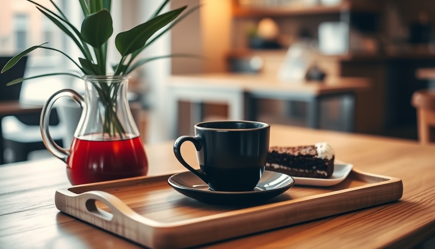 Warm coffee shop setup with coffee and dessert in a cozy setting.