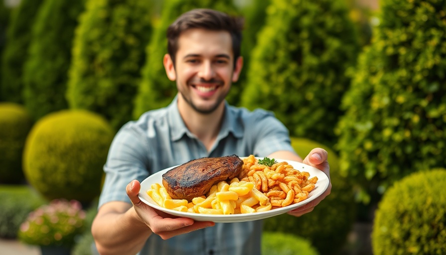 Cheerful person enjoying steak and macaroni outdoors at steak houses for special occasions.
