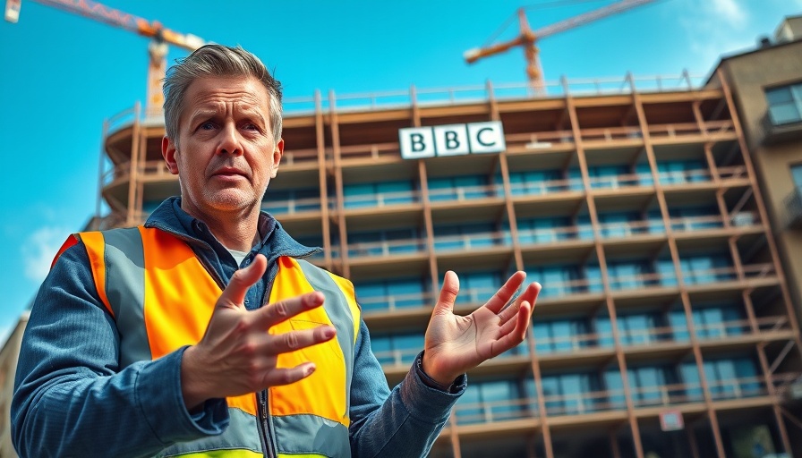 Emergency scaffolding hire urgency, man gesturing at BBC building.