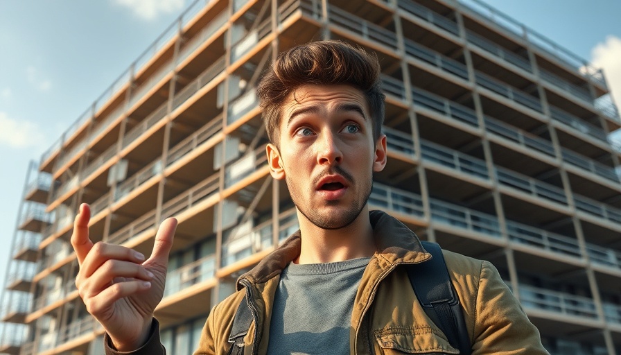 Surprised man in front of emergency scaffolding for building repairs.