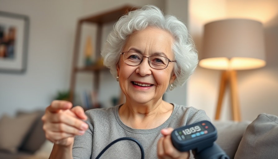Elderly woman checking blood pressure, indoors, bright setting.