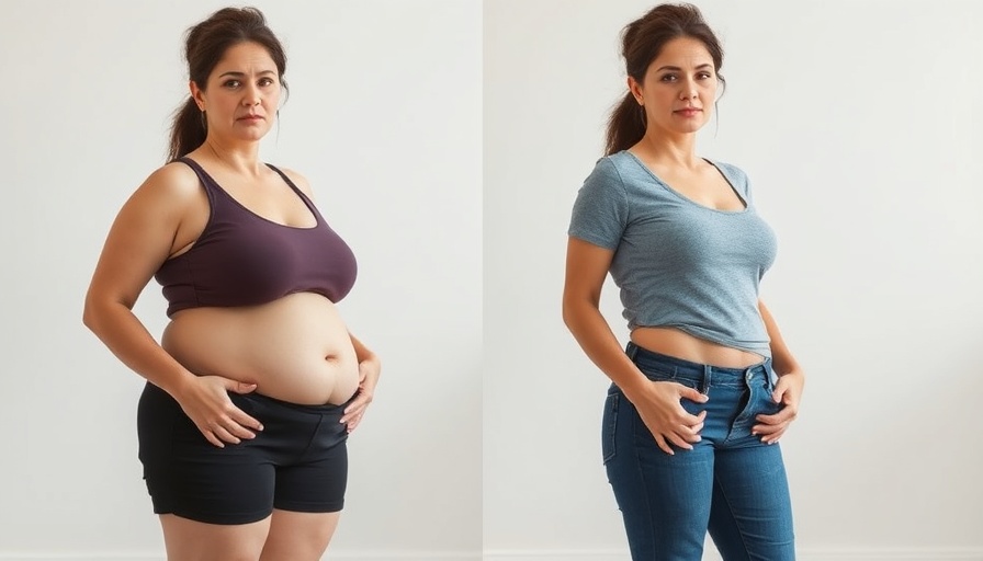 Woman showing weight loss progress in before and after photos.