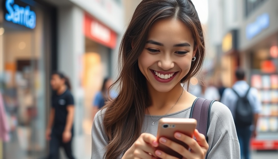 Smiling woman using smartphone in urban setting, Unified Marketing Strategies