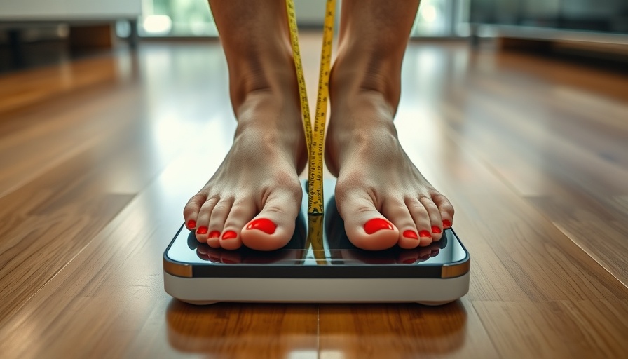 Feet with red toenails on scale, measuring tape, abdominoplasty tummy tuck.