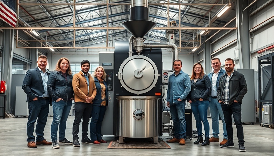 Team showcasing an electric convection coffee roaster in an industrial facility.