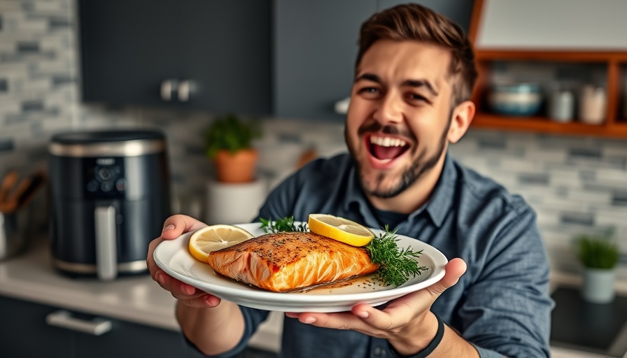 Man presenting salmon cooked in best air fryer for fast cooking