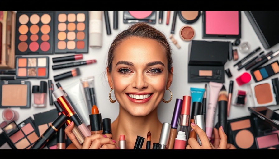 Diverse makeup essentials for women over 40 surrounding smiling woman.