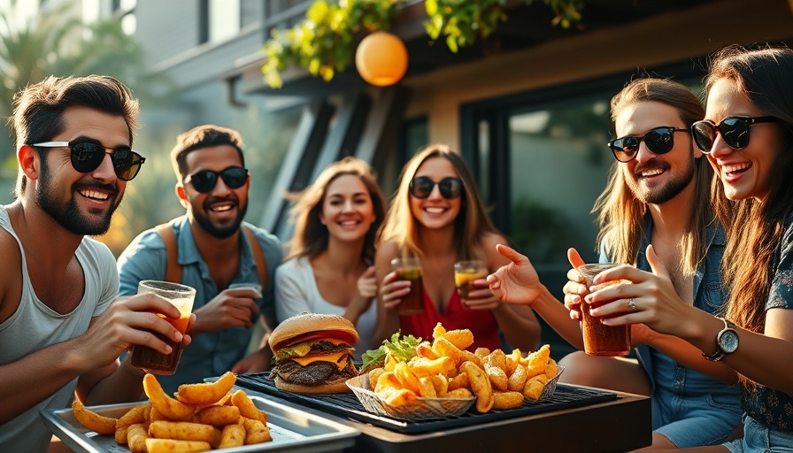 Friends enjoying barbecue with cheesy tater tots outdoors.