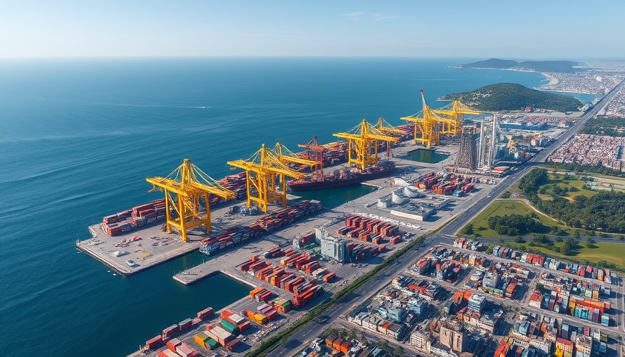 Aerial view of industrial port near city showcasing Sucafina Germany coffee expansion potential.