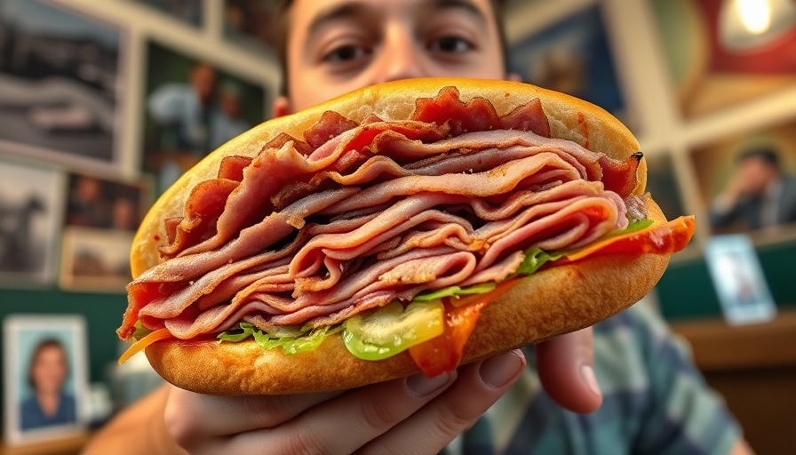 Iconic sandwich shops in LA, huge pastrami sandwich held by man.