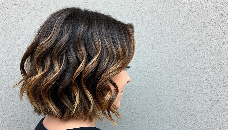Wavy layered bob haircut on woman with soft brown highlights.