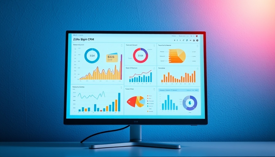 Zoho Bigin CRM interface on screen with colorful charts for small business.