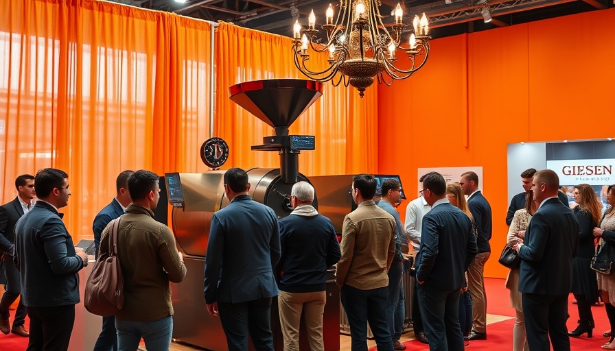 Lively discussion around Giesen coffee roaster innovations in vibrant setting.