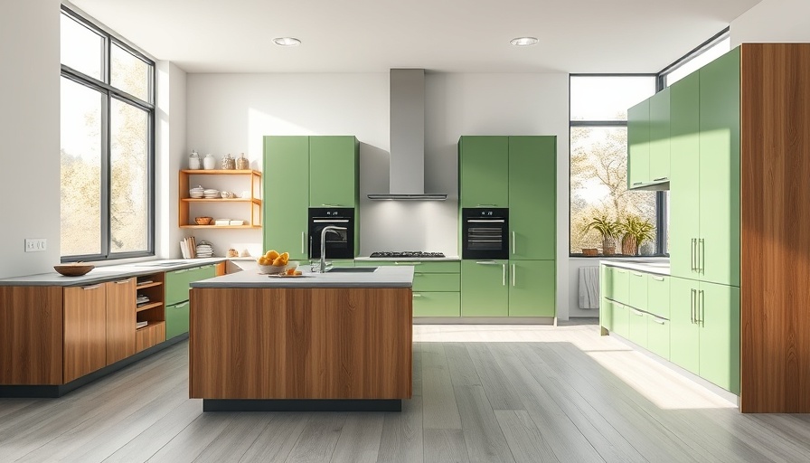 Modern kitchen interior with green cabinets and wood elements, illustrating home extension.