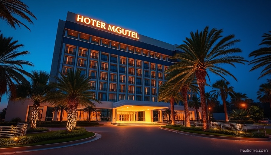 Luxurious 5-star hotel exterior at twilight with modern architecture.