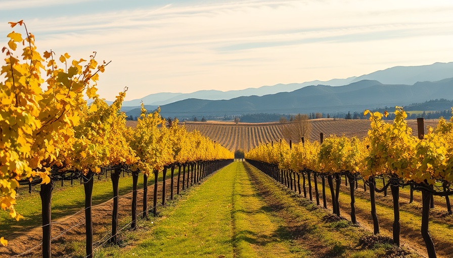 Scenic view of To Kalon vineyard in autumn, trees lining the vineyard.
