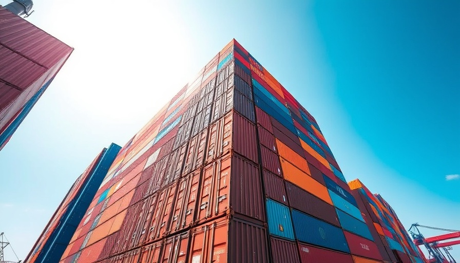 Shipping containers stacked high under clear sky; Trump 50% tariff on Brazilian coffee.