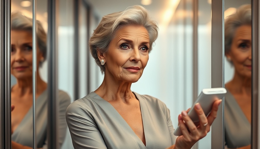 Confident woman applying makeup in mirrored hallway.