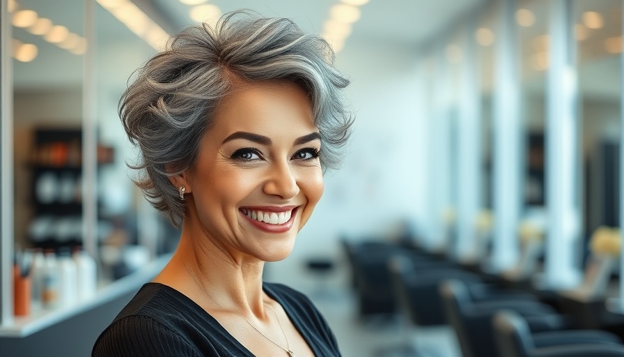 Smiling woman with stylish short grey hairstyle in chic salon.