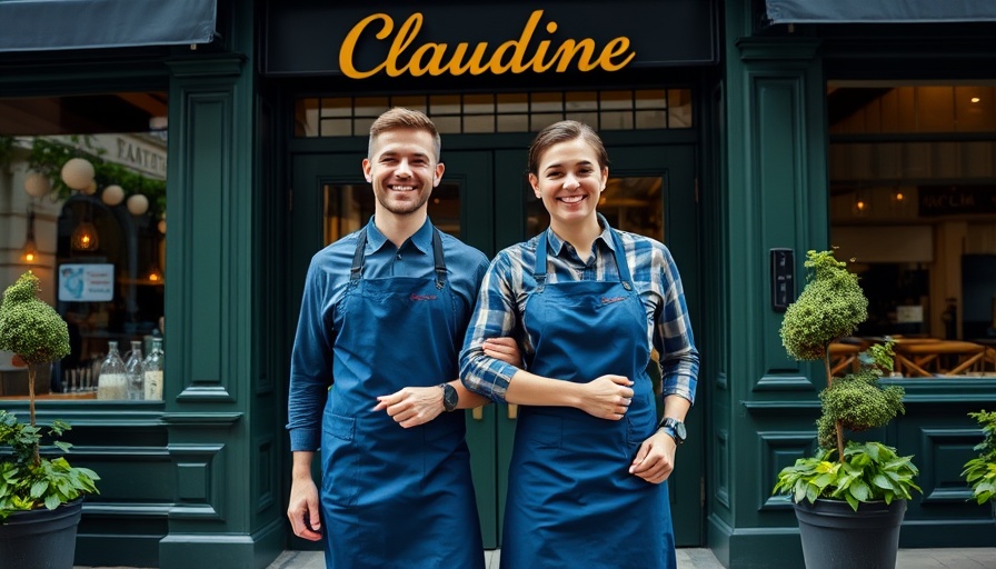 Chefs in blue aprons outside a stylish wine bar, best wine bar near me.