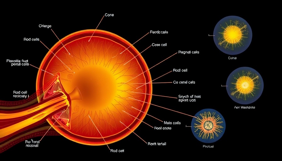 Educational retinal cross-section diagram with labeled cone and rod cells.