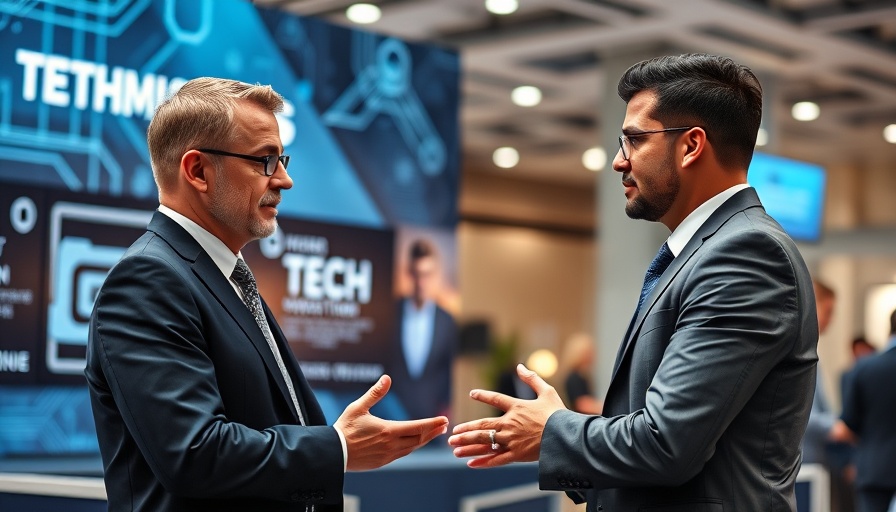 Professionals discussing at a tech event booth, modern setting.