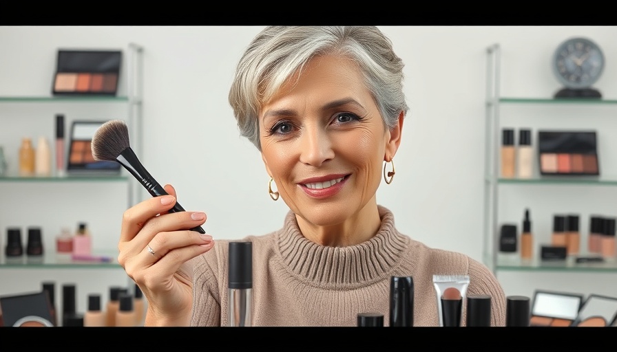 Makeup tutorials for mature skin: woman applying makeup, product display
