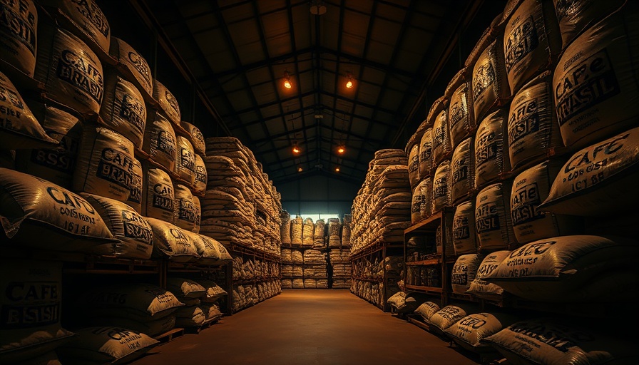 Brazilian coffee sacks in dim warehouse highlighting tariffs impact.