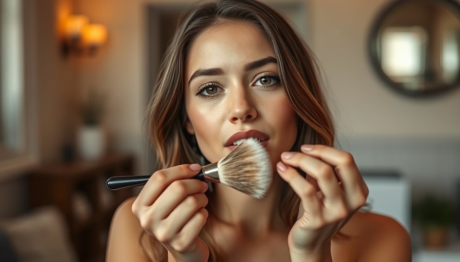 Woman using buffing technique for flawless skin with a makeup brush.
